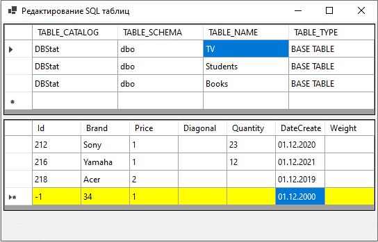 Приложение редактирования SQL таблиц